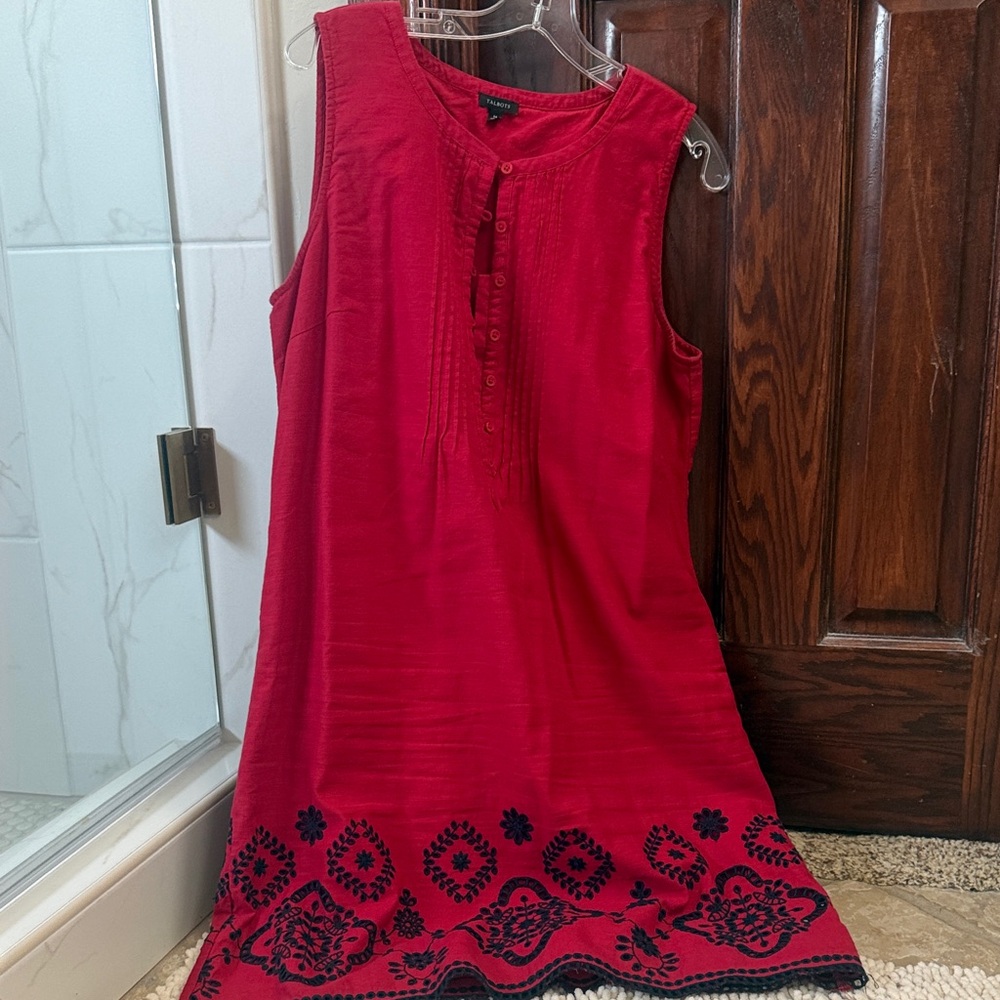 Talbots Sleeveless Red Dress with Black Embroidery